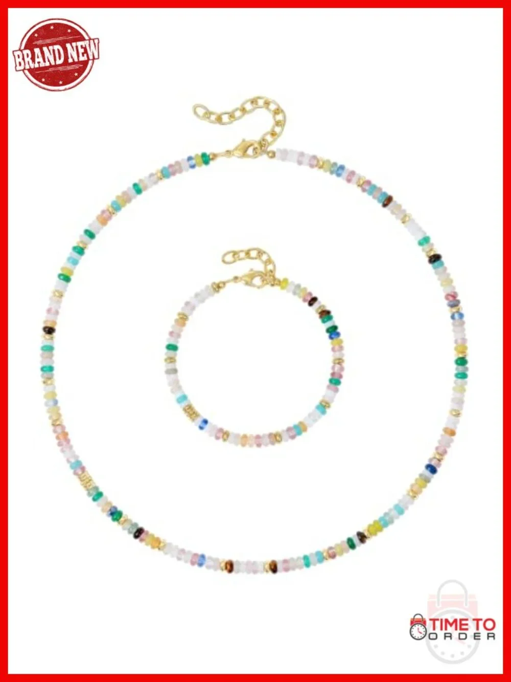 Boho Handmade Gemstone Bead Choker Necklace & Bracelet Set with Gold Spacers